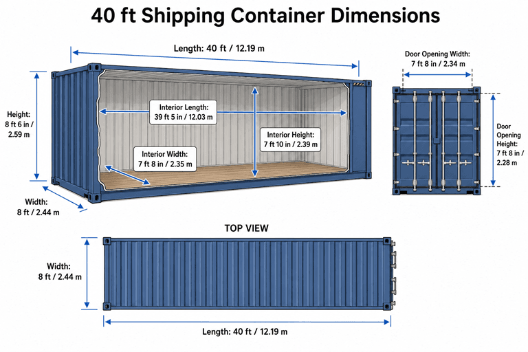 40 ft shipping container dimensions diagram